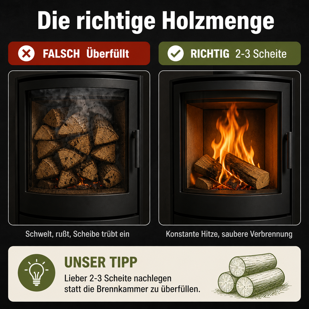 Infografik: Die richtige Holzmenge – falsch vs. richtig